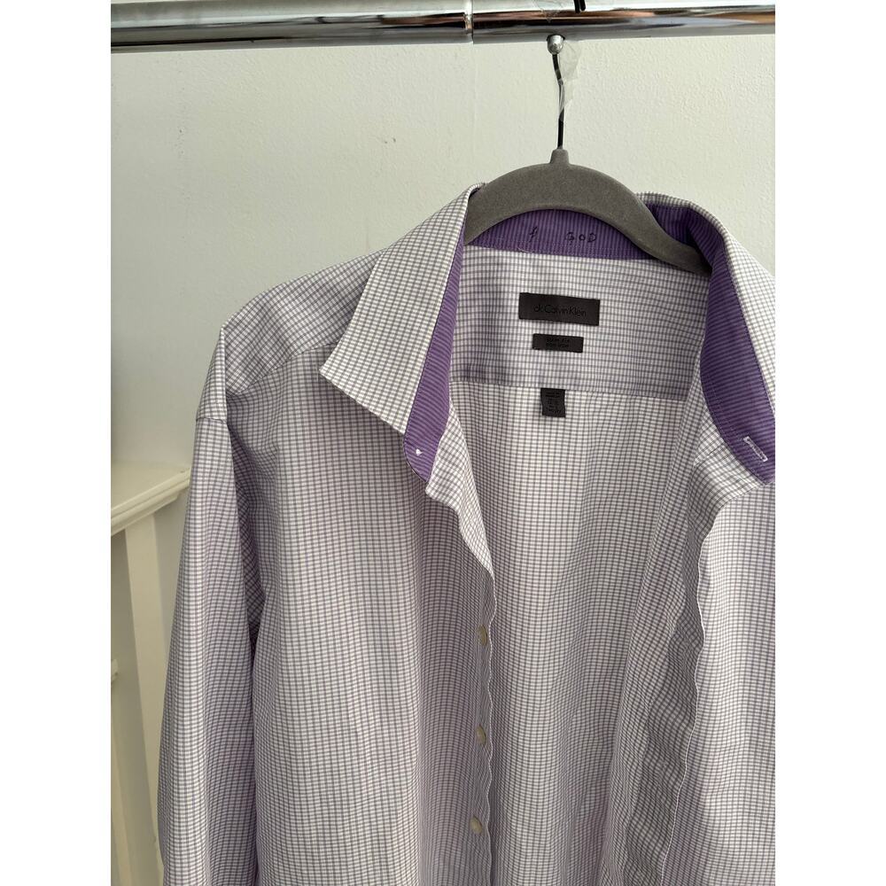 Calvin Klein Slim Fit Non Iron Dress Shirt Purple Check Button Up - Picture 3 of 9